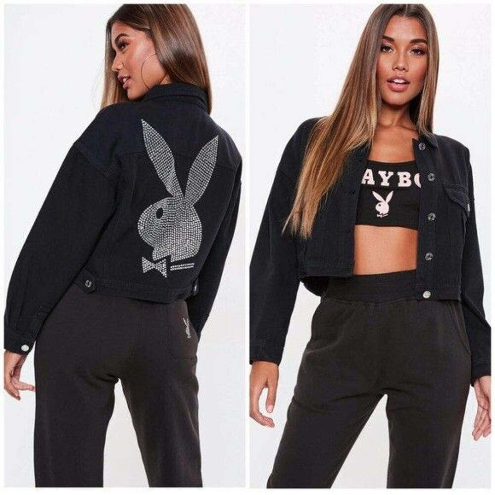 Missguided x Playboy Black Diamante Denim Jacket Sz 8 NWT